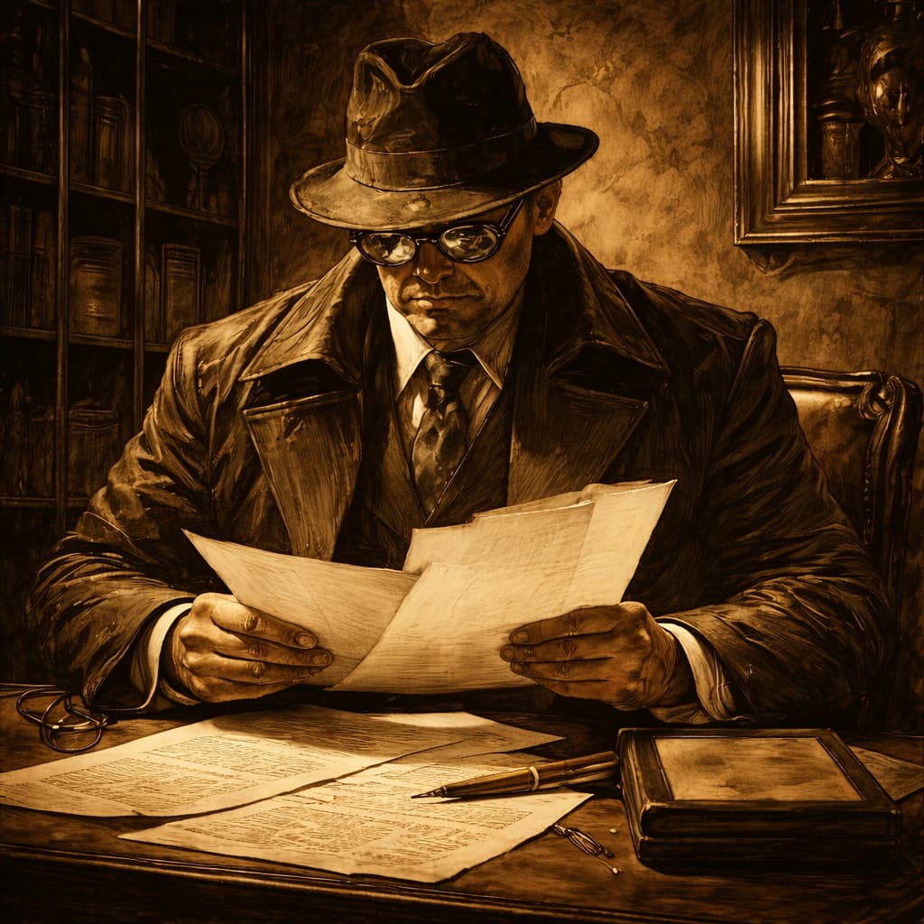 Détective privé analysant des documents dans un bureau – enquête et investigation professionnelle au Luxembourg