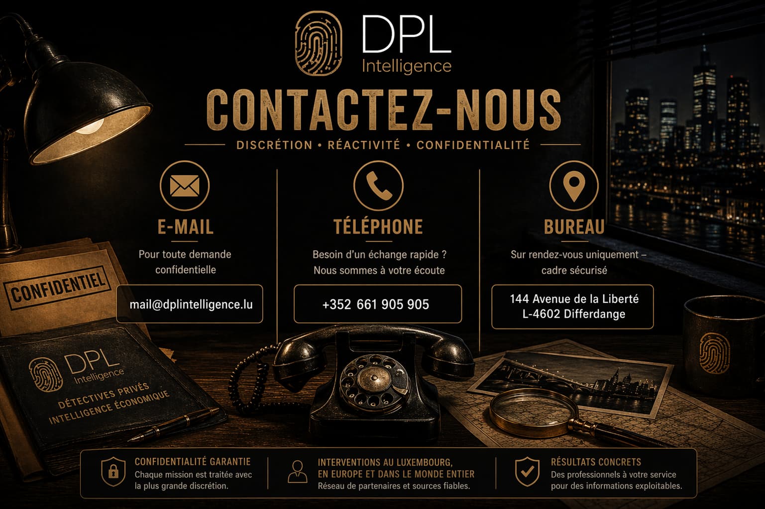 contact détective privé Luxembourg DPL Intelligence email téléphone bureau enquête confidentielle